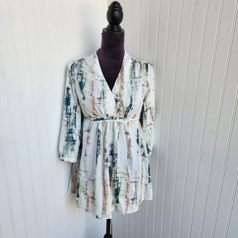 Liz Lange Green Beige White Green Women's 3/4 Sleeves Maternity Shirt Belted XS